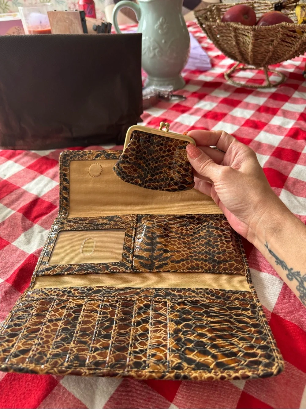HOBO Brown and Black Snakeskin-Patterned Zip Wallet